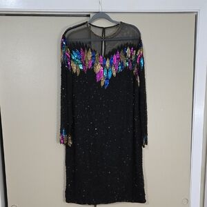 Maison Magique Black Sequin & Beaded Dress with Colorful Accents Size XL
